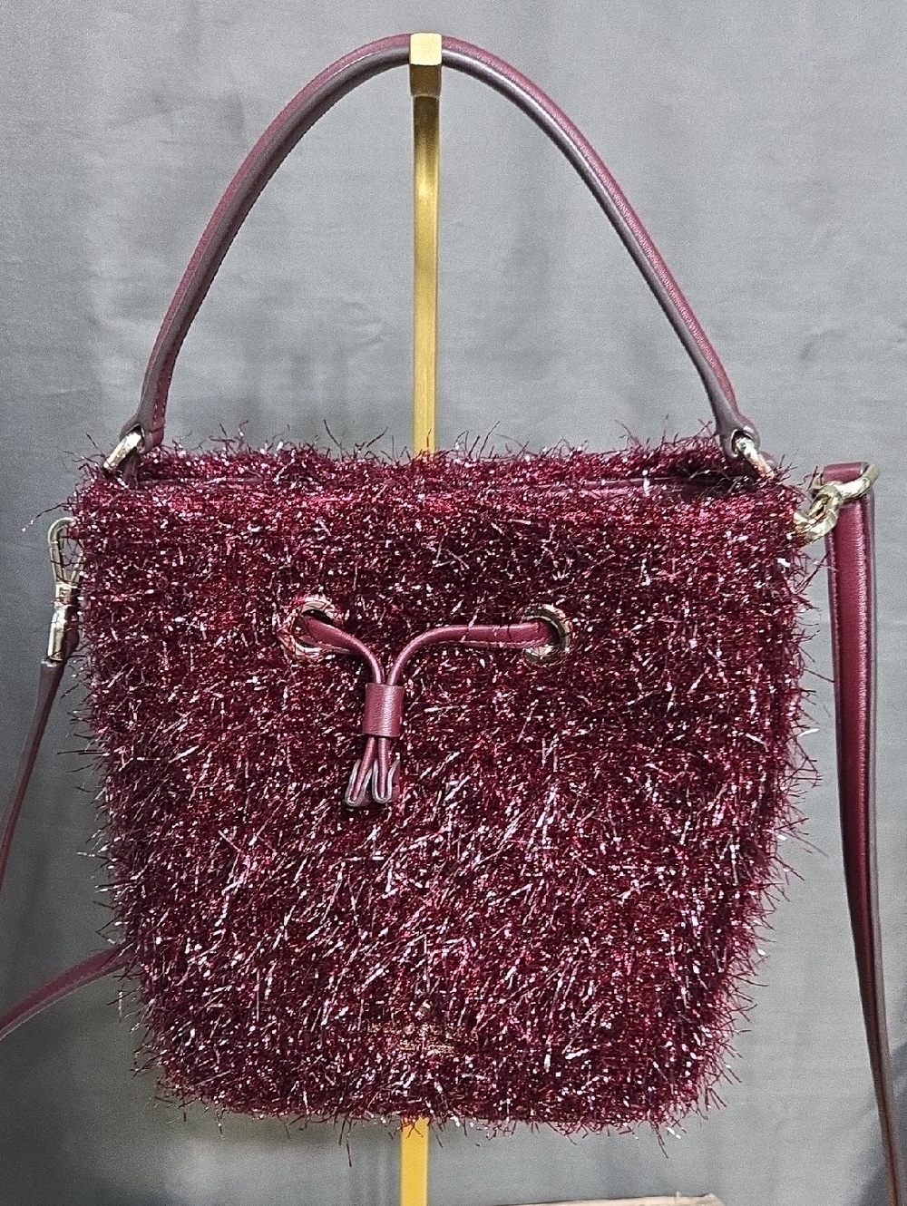 Like-new! kate spade Burgundy Metallic Tinsel Drawstring Bucket Bag